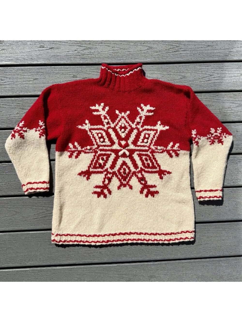 Vtg 90s Express Tricot Thick Wool Sweater Snowflake Ski Women's Mock Neck L Red